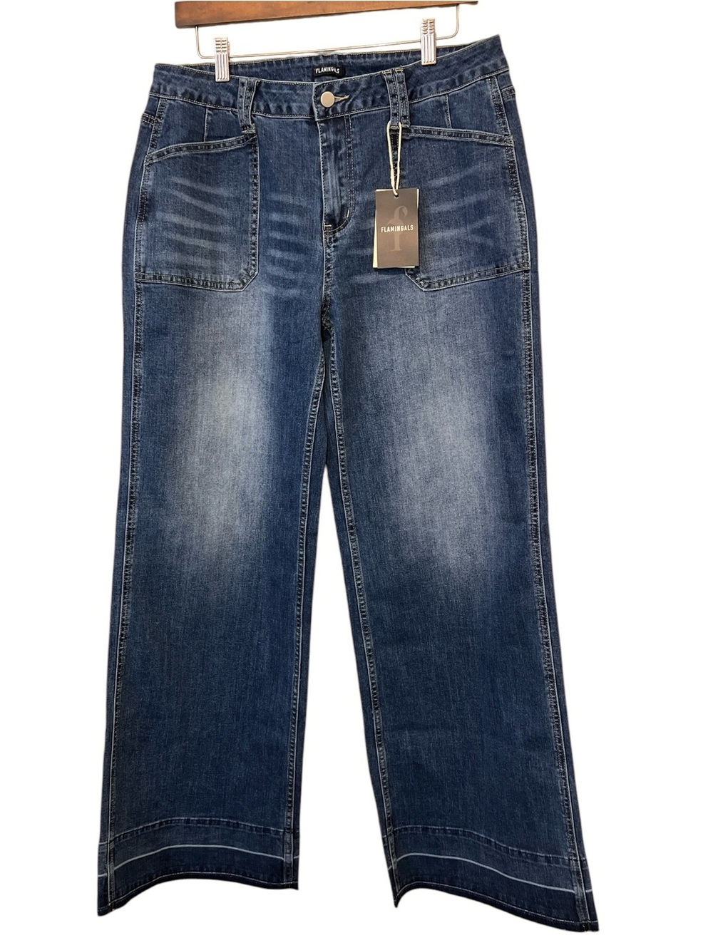 FLAMINGALS Wide Leg Jeans Womens XL Navy Blue Wide Leg Barrel Jeans